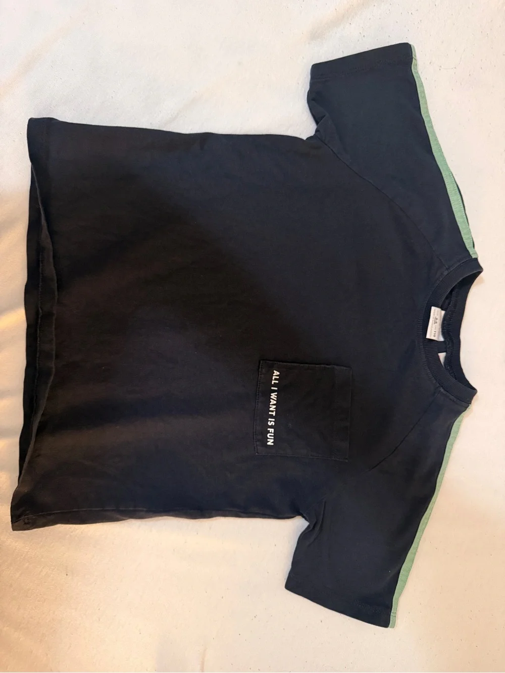 ZARA Kids Navy T-Shirt with Green Trim - All I Want Is Fun Pocket